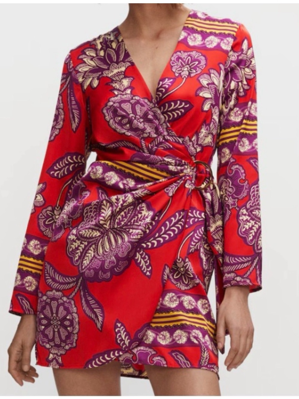 Mango Vibrant Red & Purple Printed Floral Wrap Dress Gold Accents V-Neck Size 10